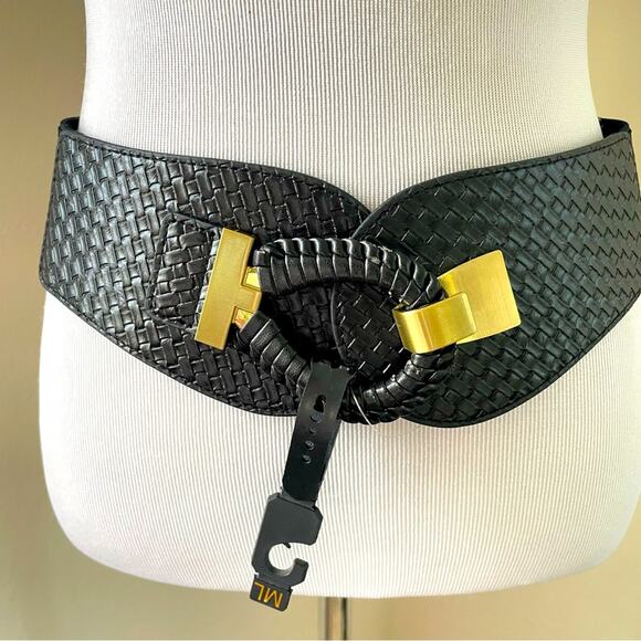 Black Chunky Gold Metal Buckle Woven Stretch Belt Statement Waist Cincher M/L - Picture 9 of 9
